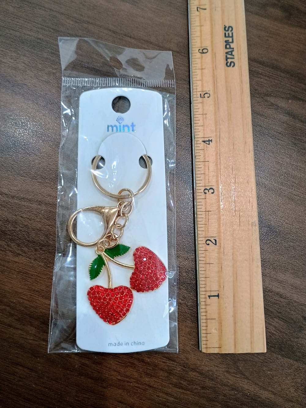 Mint Red Rhinestone Cherry Keychain - Picture 2 of 2